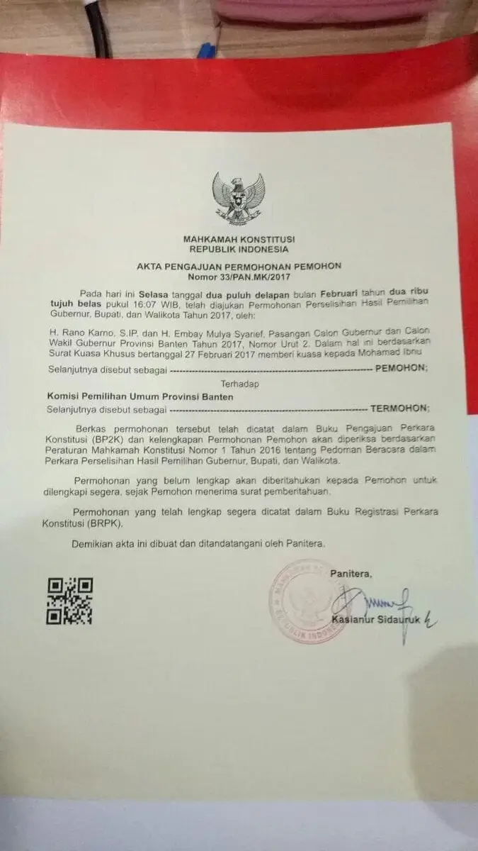 Dugaan Banyak Kecurangan, Rano-Embay Resmi Daftarkan Gugatan ke MK