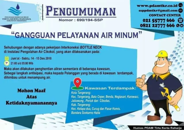 Aliran PDAM TKR Berhenti Malam Ini, Warga Terdampak Diminta Bersiap