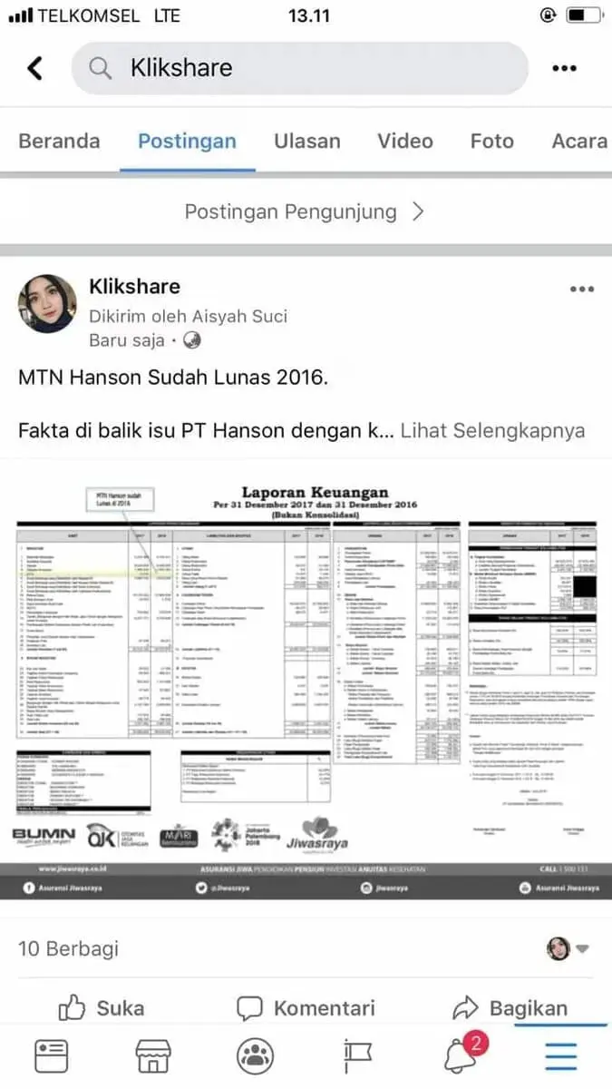 Beredar di Medsos Laporan Keuangan Jiwasraya, MTN Hanson Lunas