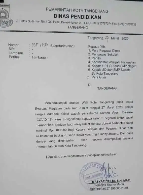 Kepala Sekolah, Guru dan Murid di Kota Tangerang Diminta Donasi Covid-19 Kepala Sekolah, Guru dan Murid di Kota Tangerang Diminta Donasi Covid-19