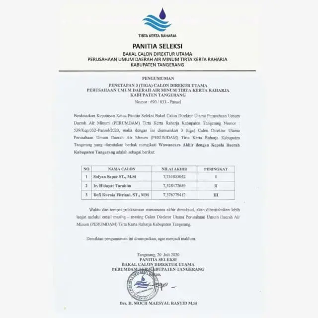 Proses Seleksi Calon Dirut Perumdam TKR Kabupaten Tangerang Disoal Proses Seleksi Calon Dirut Perumdam TKR Kabupaten Tangerang Disoal