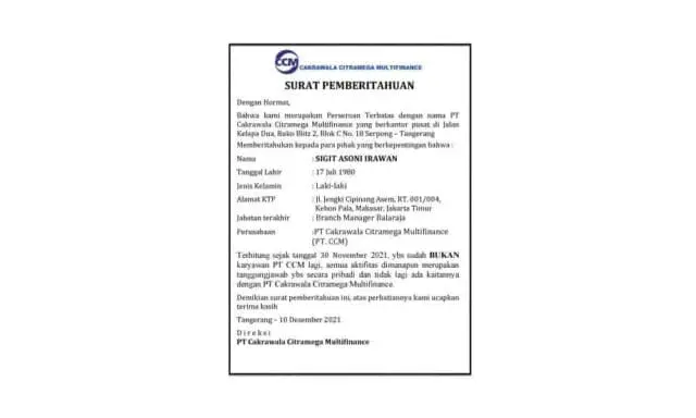PEMBERITAHUAN : PT Cakrawala Citramega Multifinance – Sdr Sigit Asoni Irawan Bukan Karyawan PT CCM Lagi PEMBERITAHUAN : PT Cakrawala Citramega Multifinance – Sdr Sigit Asoni Irawan Bukan Karyawan PT CCM Lagi