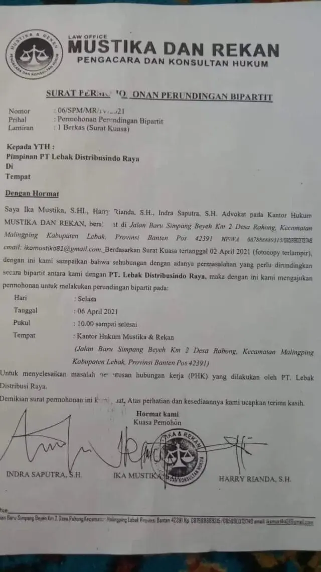 PT LDR Tidak Mengindahkan Permohonan Perundingan Bipartit Kuasa Hukum PT LDR Tidak Mengindahkan Permohonan Perundingan Bipartit Kuasa Hukum