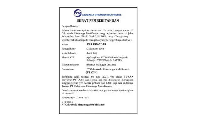 PEMBERITAHUAN : PT Cakrawala Citramega Multifinance - Sdr Eka Iskandar Bukan Karyawan PT CCM Lagi PEMBERITAHUAN : PT Cakrawala Citramega Multifinance - Sdr Eka Iskandar Bukan Karyawan PT CCM Lagi