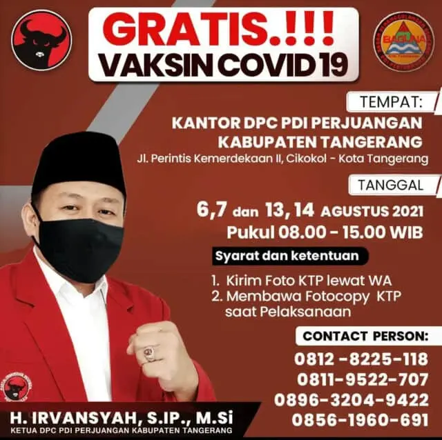 DPC PDI Perjuangan Kabupaten Tangerang Gelar Vaksinasi Gratis, Ayo Ikutan DPC PDI Perjuangan Kabupaten Tangerang Gelar Vaksinasi Gratis, Ayo Ikutan
