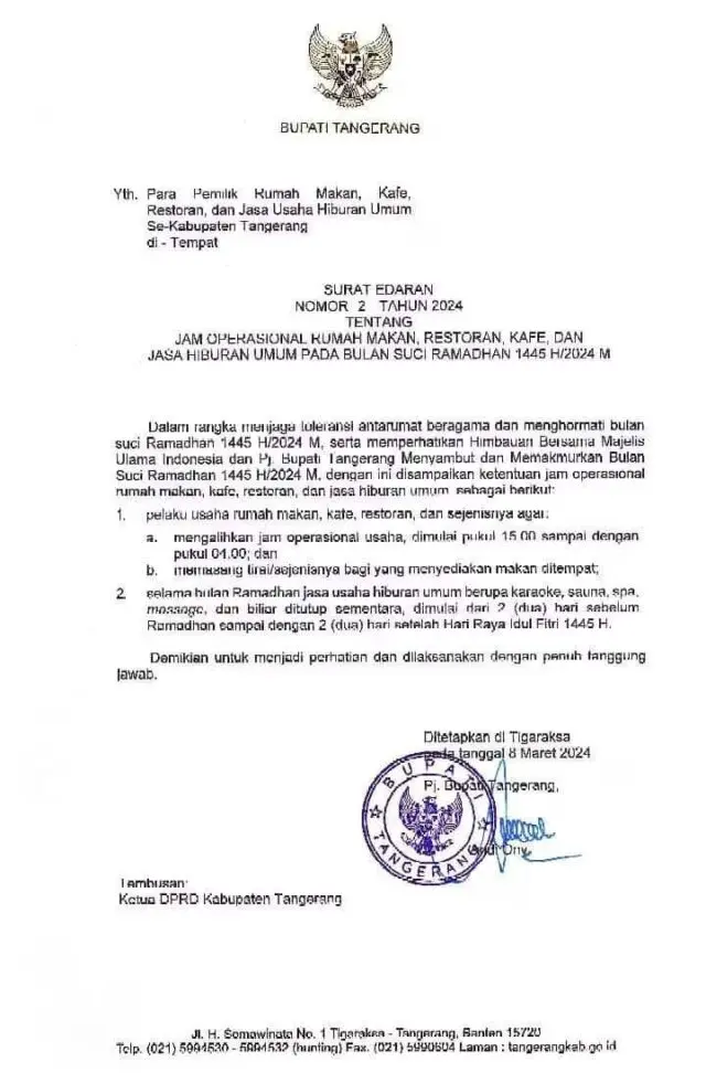 Pemkab Tangerang Atur Jam Operasional Restoran dan Tutup Tempat Hiburan Selama Ramadan 1445 H Pemkab Tangerang Atur Jam Operasional Restoran dan Tutup Tempat Hiburan Selama Ramadan 1445 H