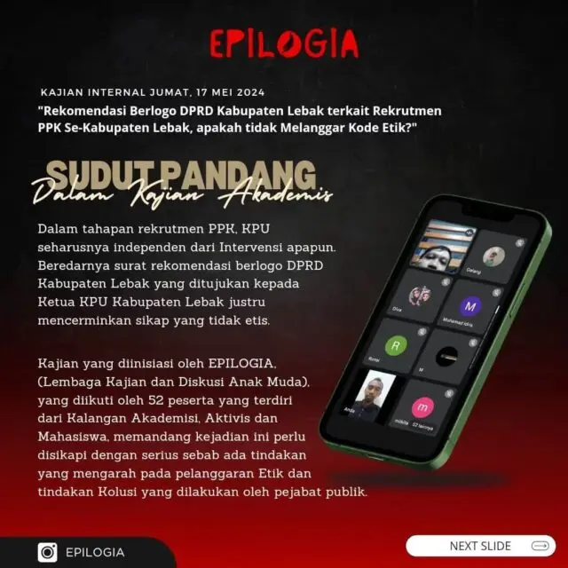 Kajian Epilogia; Rekomendasi Belogo DPRD Kabupaten Lebak terkait Rekruitmen PPK Se-Lebak Berpotensi Melanggar Etik, DKPP Harus Turun Tangan Kajian Epilogia; Rekomendasi Belogo DPRD Kabupaten Lebak terkait Rekruitmen PPK Se-Lebak Berpotensi Melanggar Etik, DKPP Harus Turun Tangan