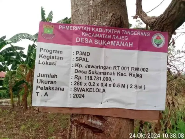 Telan Anggaran Ratusan Juta, ketua DPC LSM Geram Banten Soroti Pembangunan Spal di Desa Sukamanah Kecamatan Rajeg Papan Proyek desa Sukamanah kecamatan rajeg kabupaten tangerang, yang tidak sesuai volume panjang lebar, Foto. (Istimewa)