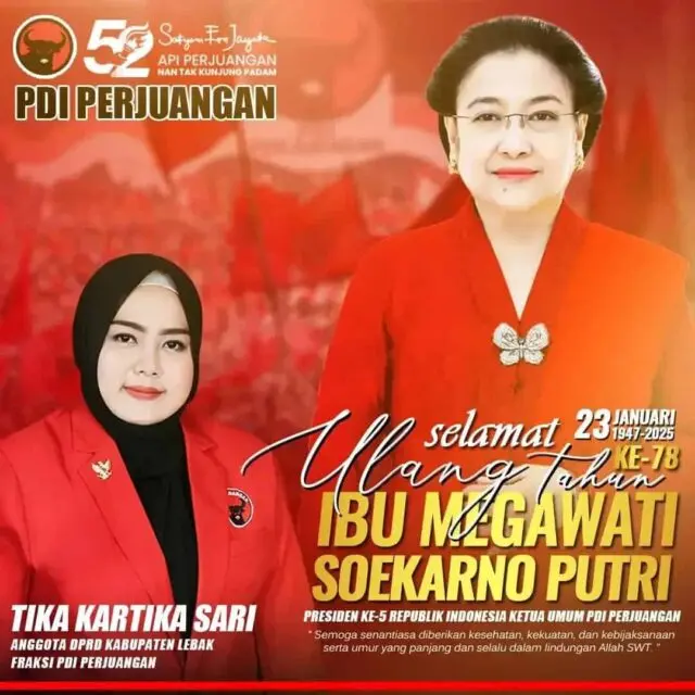Ketua Umum PDI Perjuangan Megawati Soekarnoputri Ulang Tahun Ke 78, Anggota DPRD Lebak Tika Kartika Sari Berikan Doa Terbaik Ketua Umum PDI Perjuangan Megawati Soekarnoputri Ulang Tahun Ke 78, Anggota DPRD Lebak Tika Kartika Sari Berikan Doa Terbaik